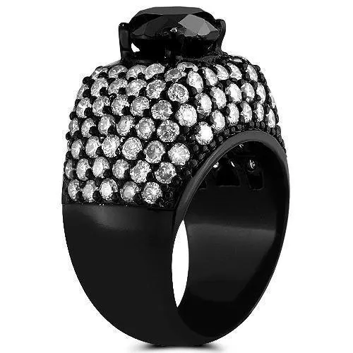 14K Solid Gold Black Rhodium Plated Mens Ring with Black and White Diamonds 8.75 Ctw