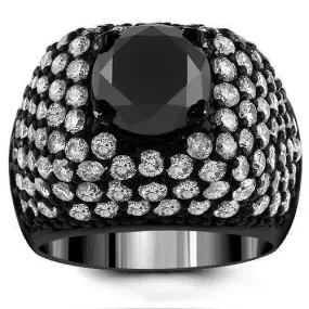 14K Solid Gold Black Rhodium Plated Mens Ring with Black and White Diamonds 8.75 Ctw