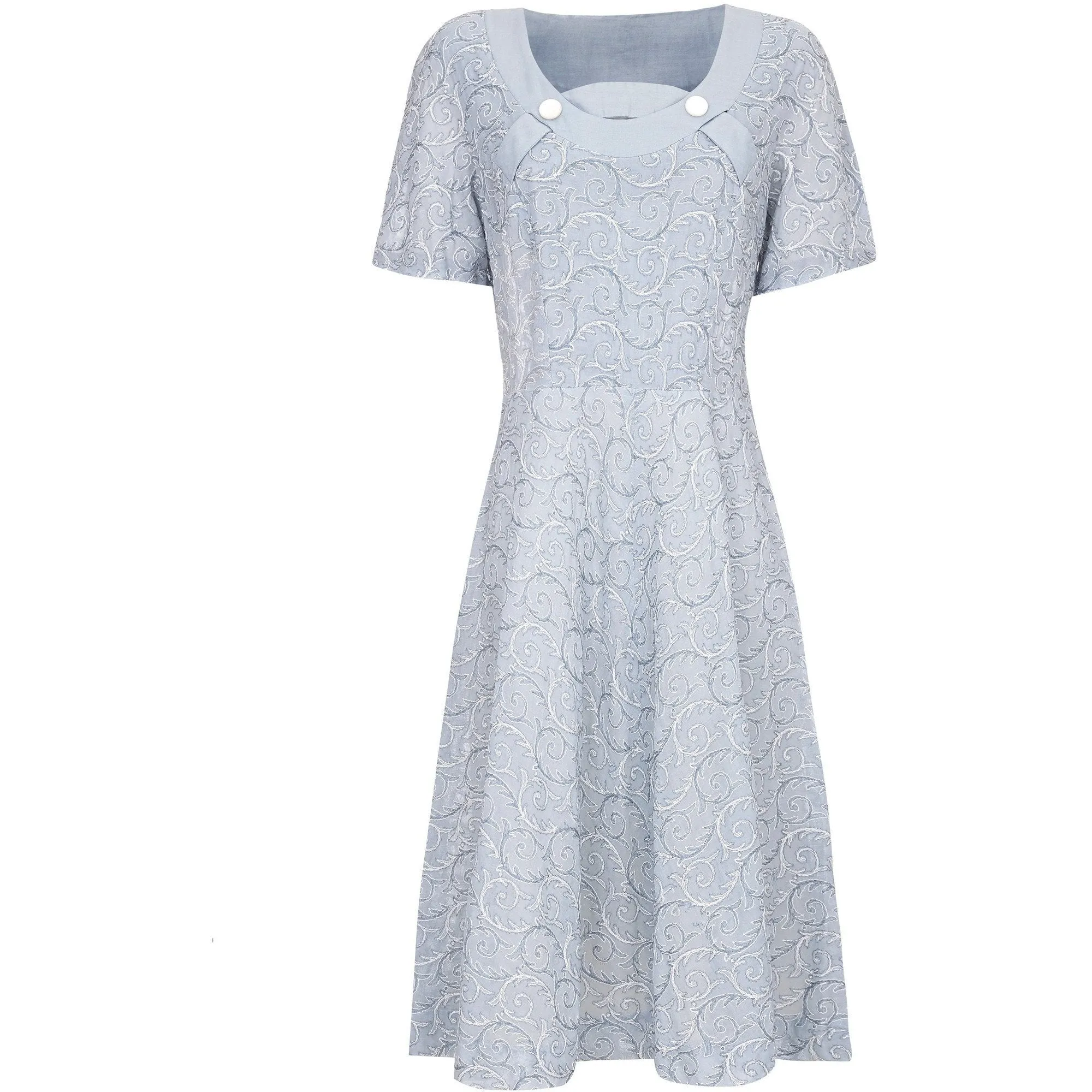 1950s Pale Blue Embroidered Cotton Dress