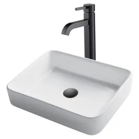 19" Rectangular White Porcelain Bathroom Vessel Sink and Ramus Faucet Combo Set with Pop-Up Drain