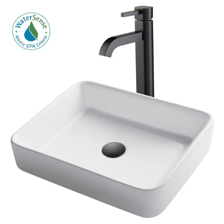 19" Rectangular White Porcelain Bathroom Vessel Sink and Ramus Faucet Combo Set with Pop-Up Drain