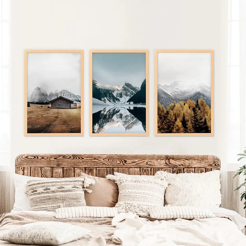 3 Piece Autumn Mountain, Forest, Lake Wall Art. Nordic Photo