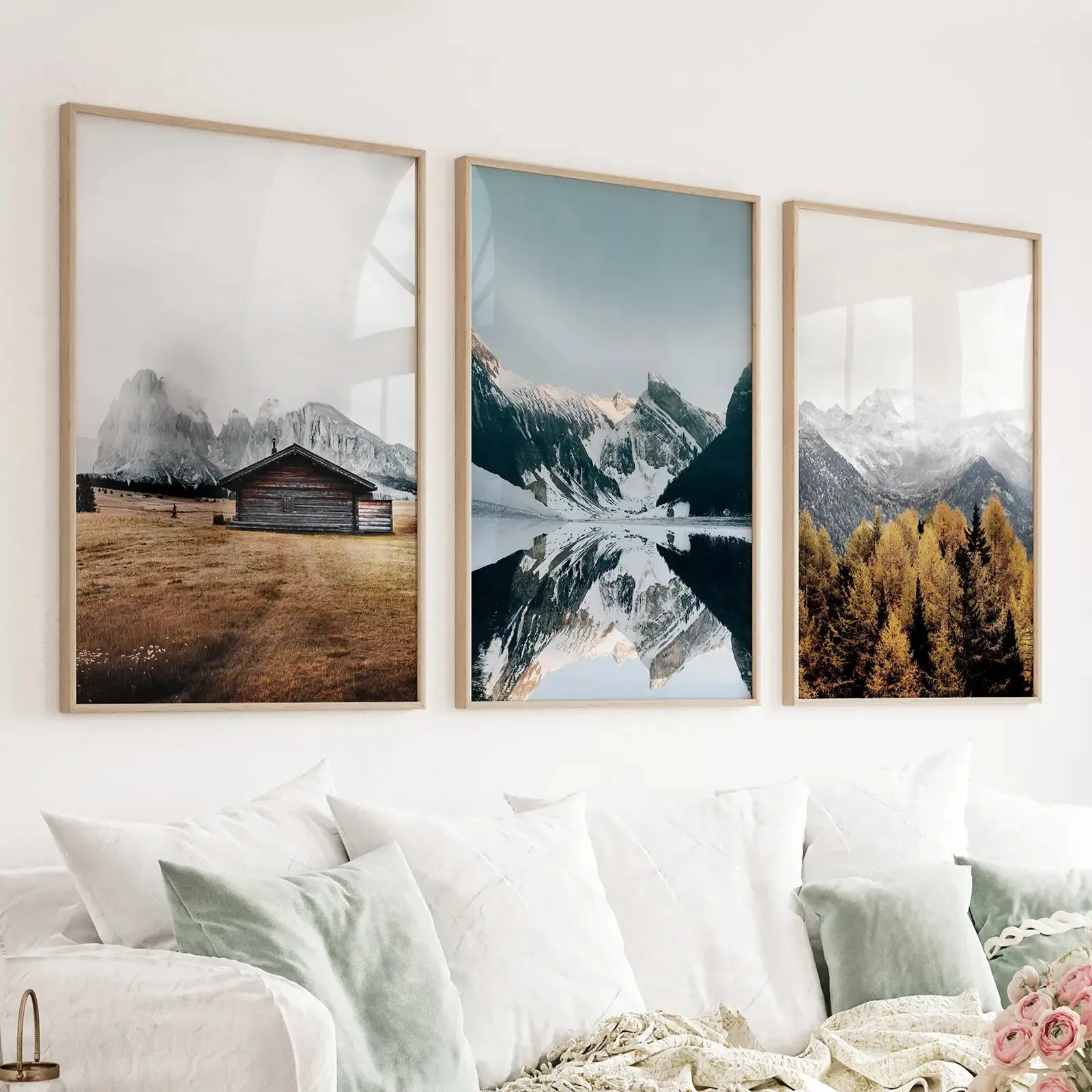 3 Piece Autumn Mountain, Forest, Lake Wall Art. Nordic Photo