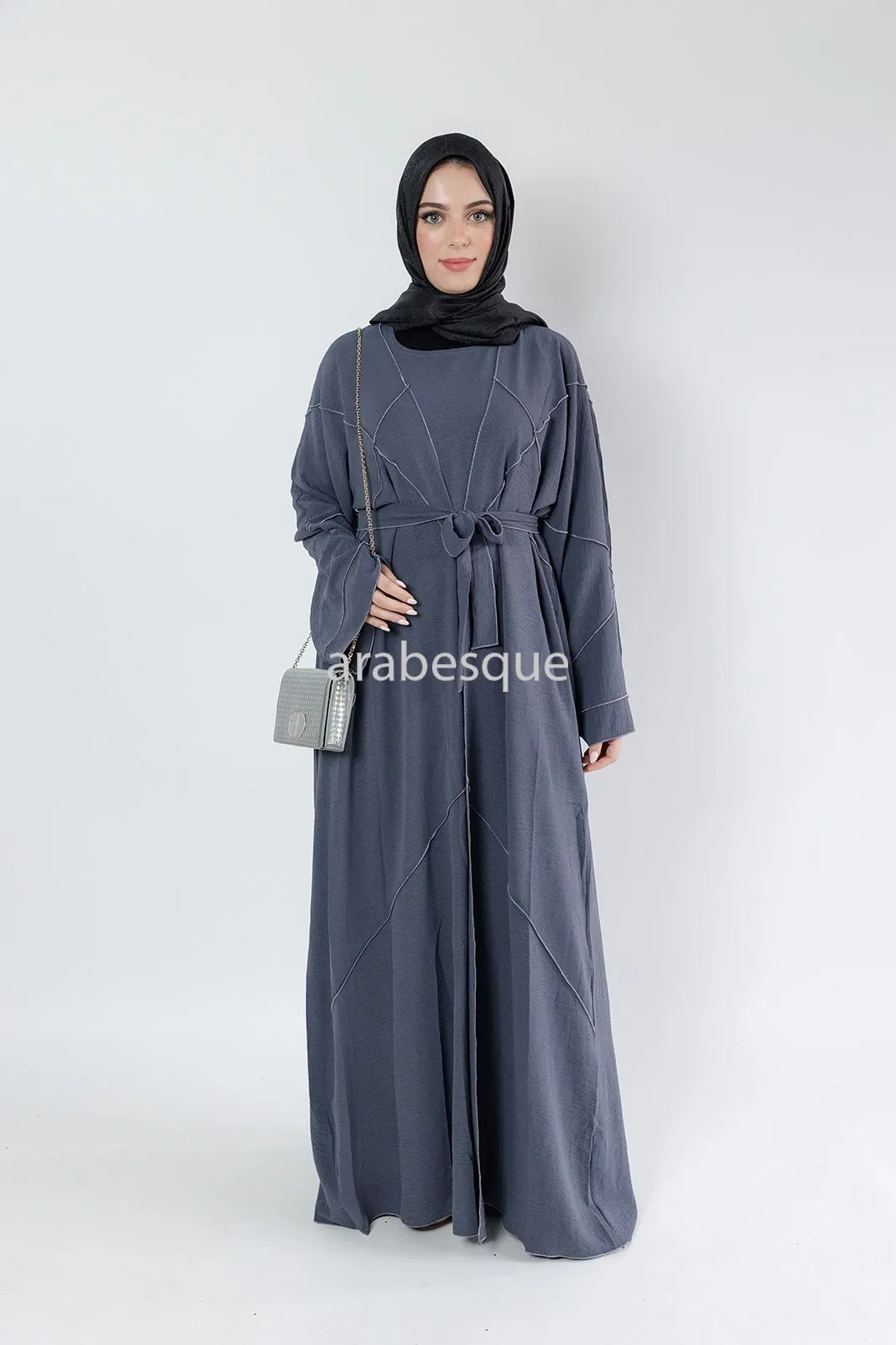 4 Piece set Crushed Polyester Open Abaya