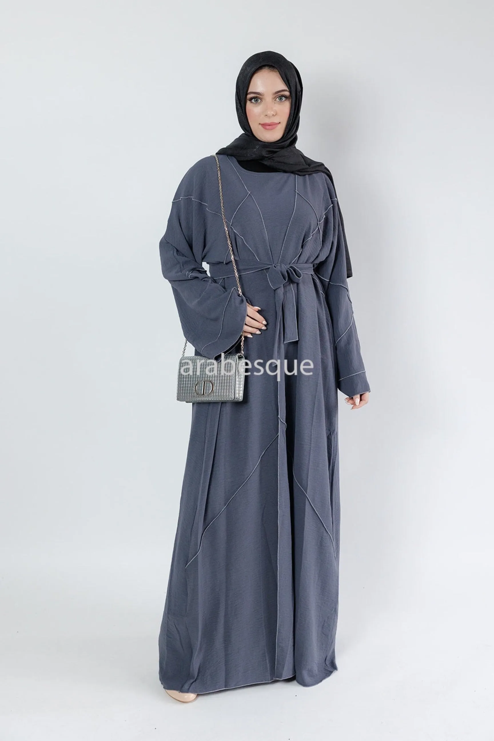 4 Piece set Crushed Polyester Open Abaya