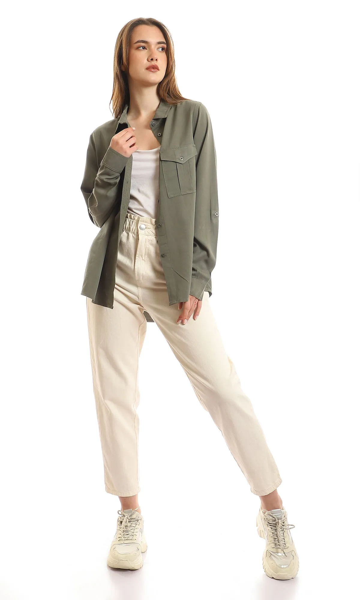 56545 Chest Flap Pockets Cotton Buttoned Olive Shirt