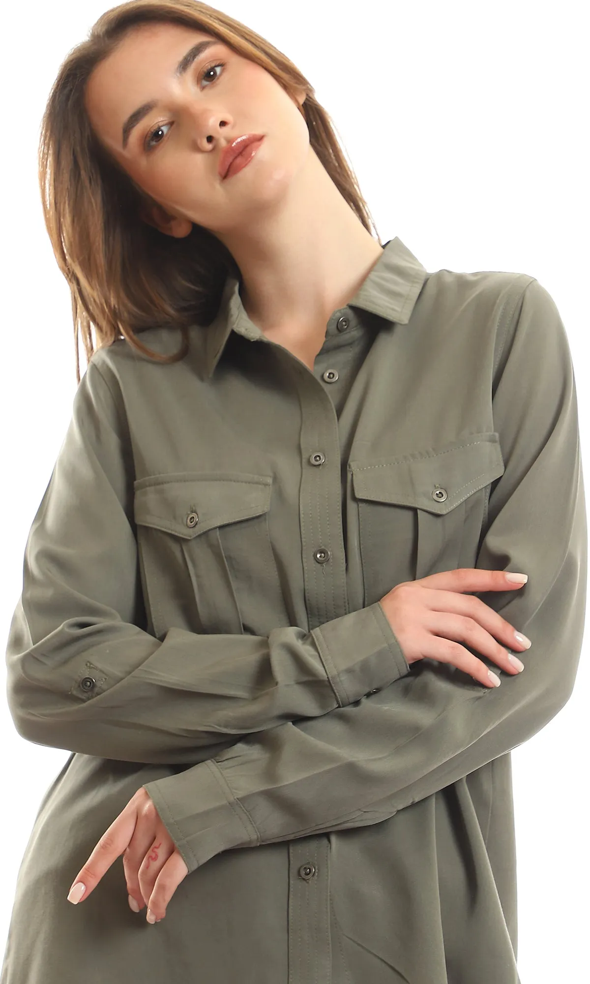 56545 Chest Flap Pockets Cotton Buttoned Olive Shirt