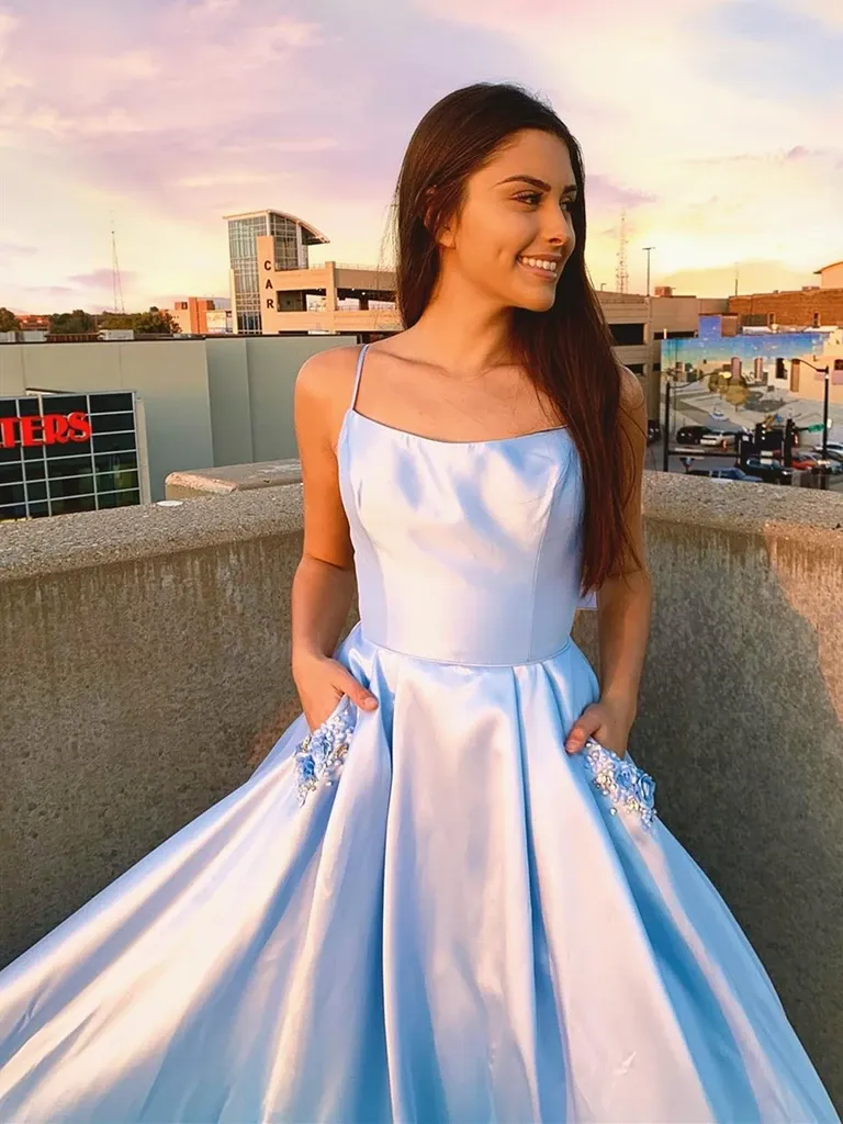 A Line Light Blue Backless Prom Dresses with Beaded Pockets, Light Blue Backless Beaded Formal Evening Graduation Dresses