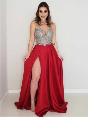 A Line V Neck Backless Lace Appliques Red/Light Blue Prom with Slit, Lace Backless Red/Light Blue Formal, Lace Evening