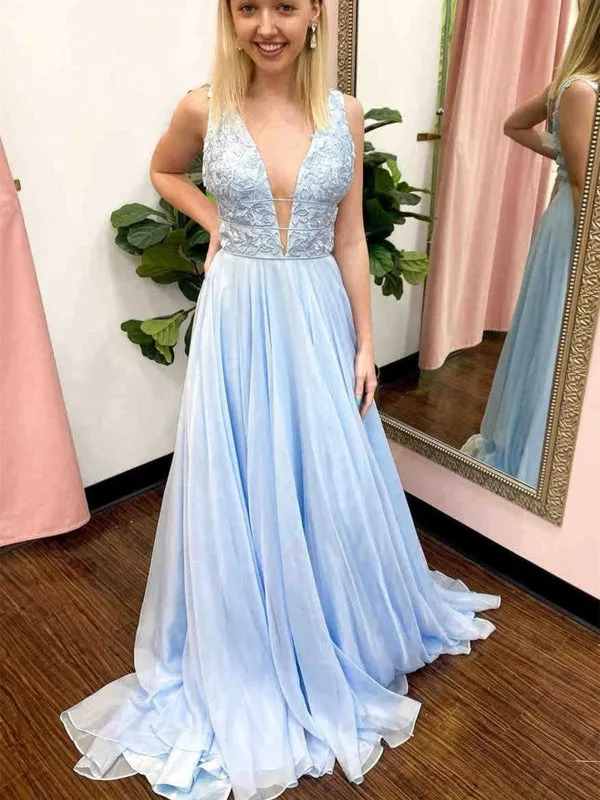 A Line V Neck Light Blue Lace Long Prom Dresses, Light Blue Lace Formal Graduation Evening Dresses