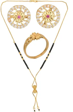 AanyaCentric Gold-plated Jewelry Combo: Elegant Short Mangalsutra, Finger Ring, and American Diamond Earrings Set