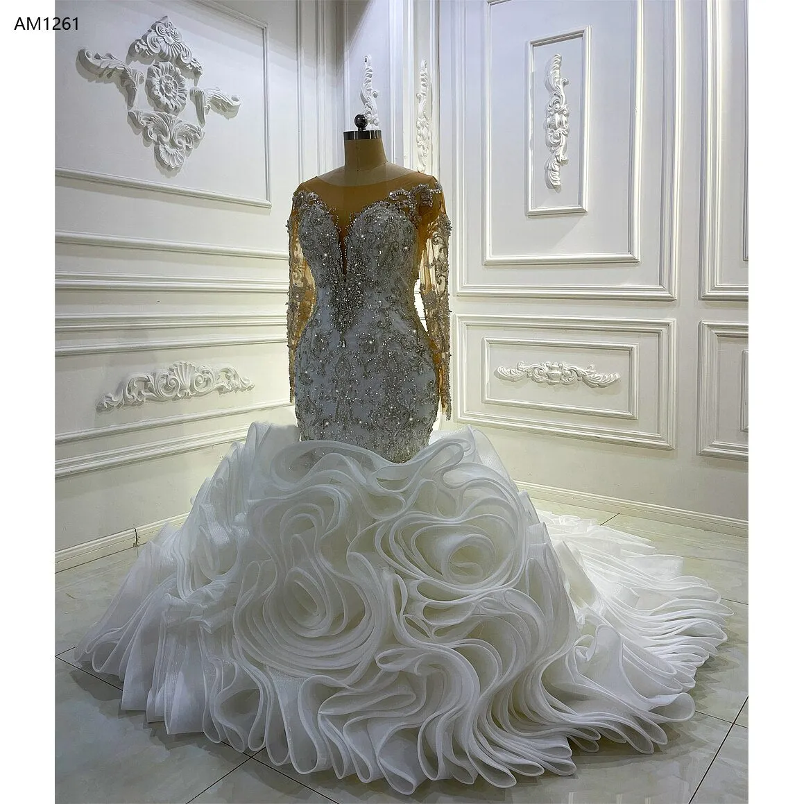 AM1261 Long Sleeve Crystal Ruffle Mermaid Luxury trumpet Wedding Dress