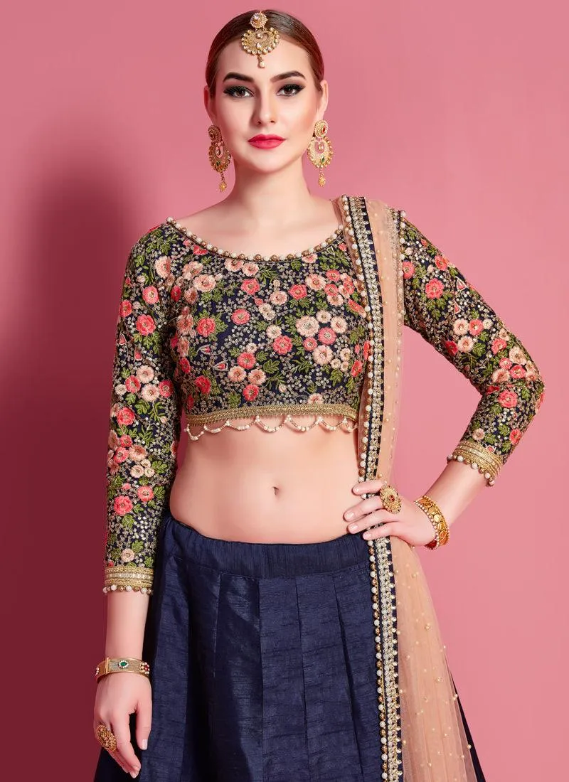 Amusing Navy Blue Heavily Embellished Flared Lehenga Choli