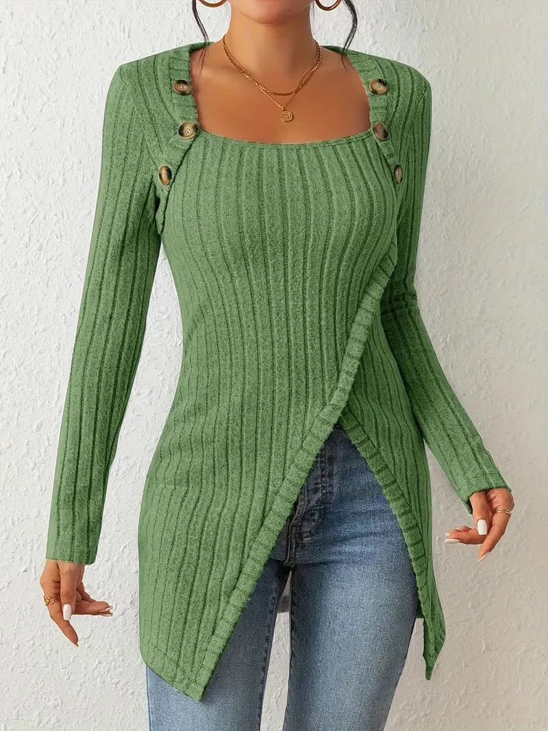 Asymmetrical Hem Casual Ribbed Long Sleeve Top Dress