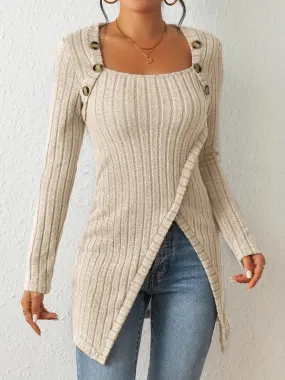 Asymmetrical Hem Casual Ribbed Long Sleeve Top Dress