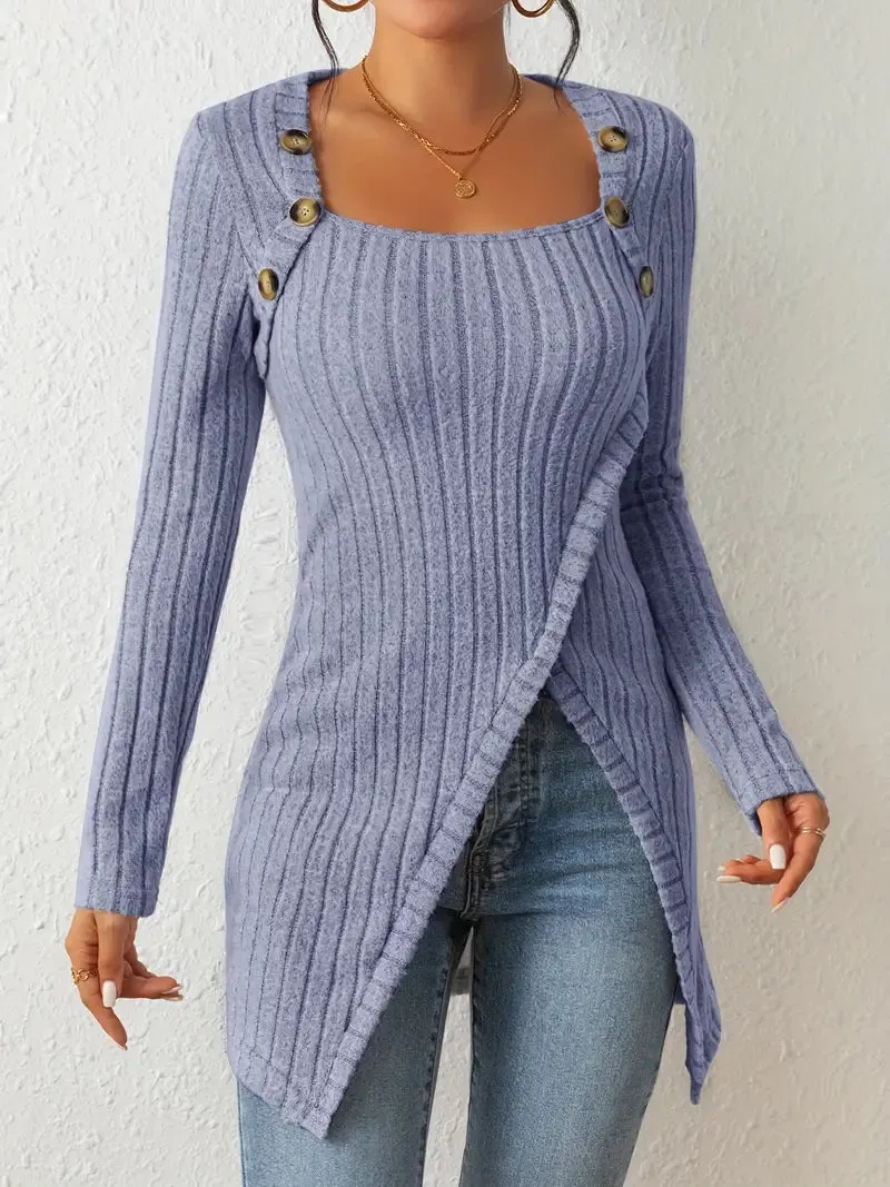 Asymmetrical Hem Casual Ribbed Long Sleeve Top Dress