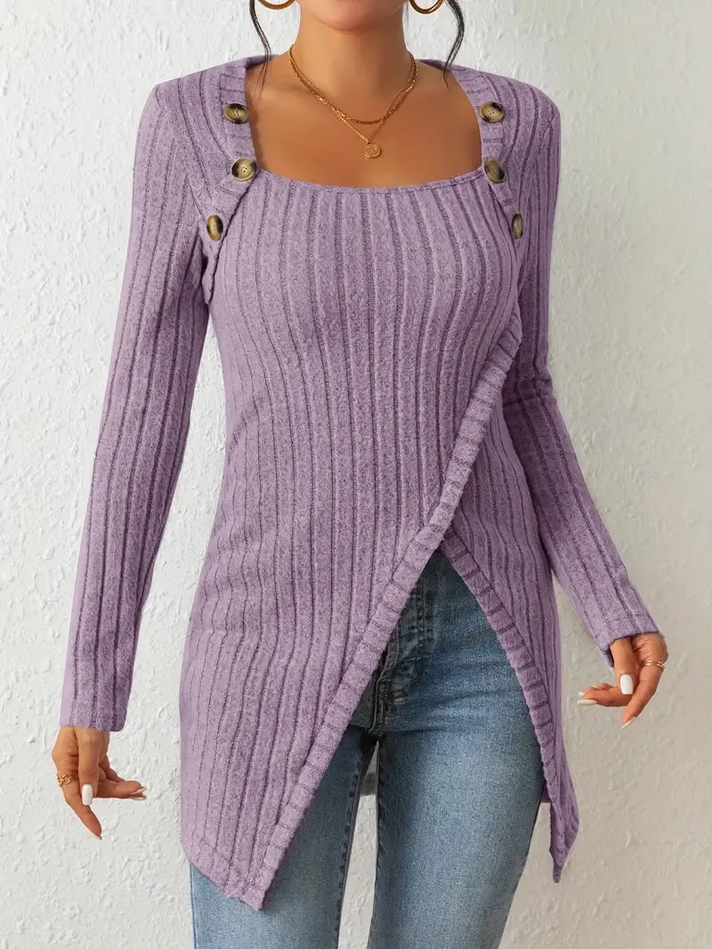 Asymmetrical Hem Casual Ribbed Long Sleeve Top Dress