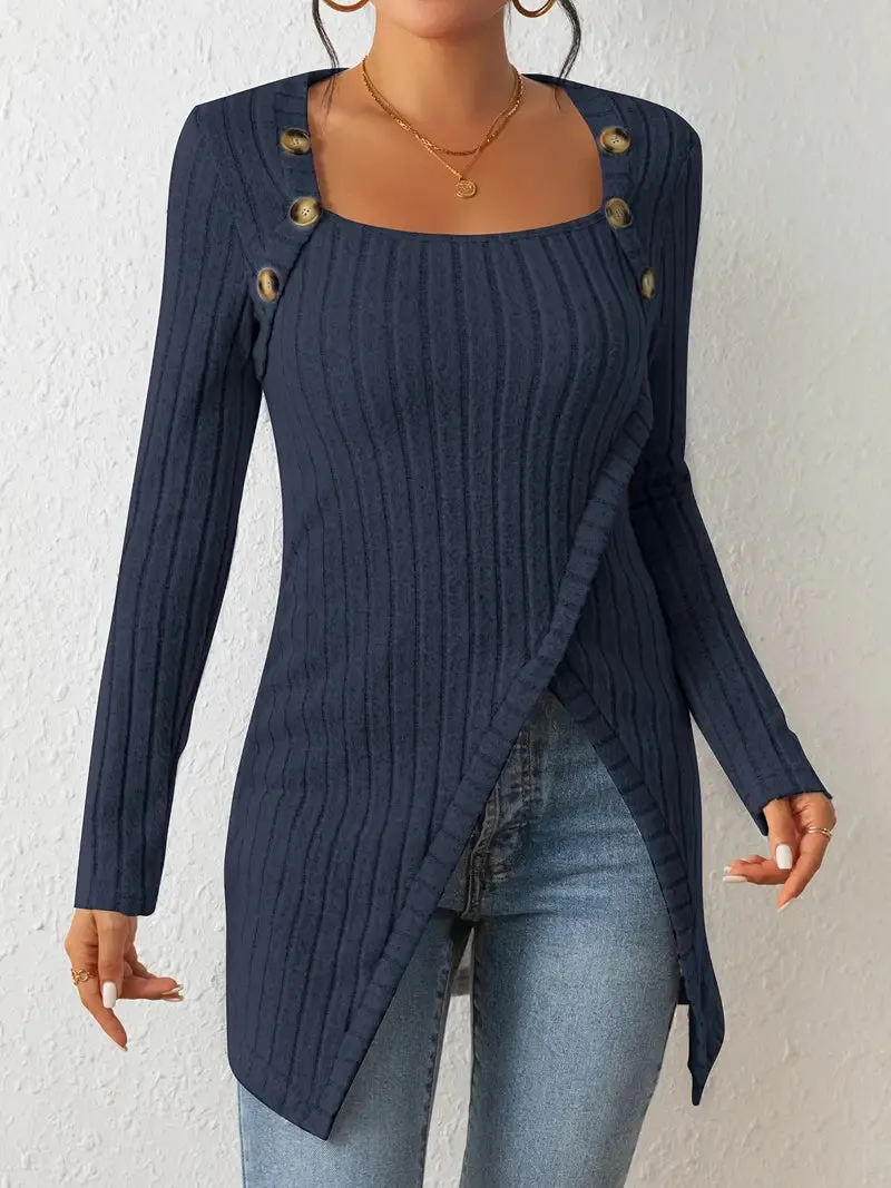 Asymmetrical Hem Casual Ribbed Long Sleeve Top Dress