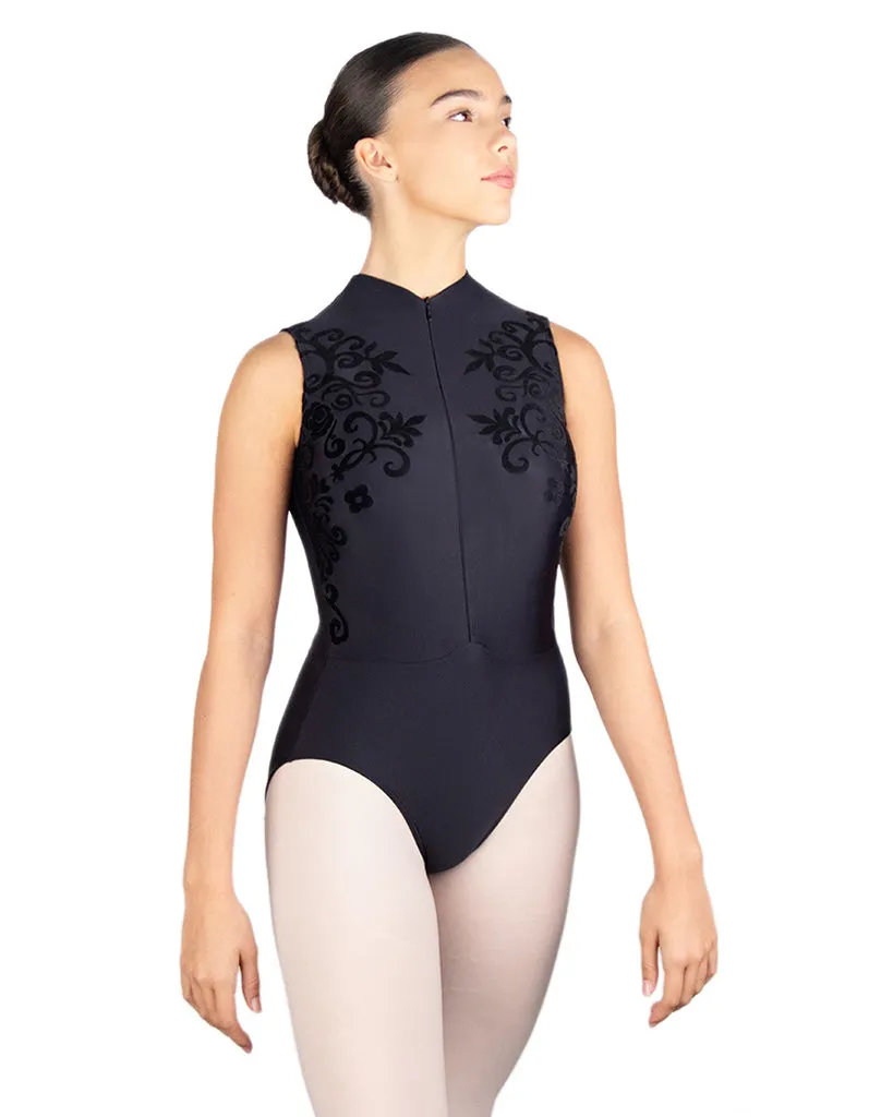 Ballet Rosa Chablis High Neck Zip Front Floral Velour Print Sleeveless Leotard - Womens