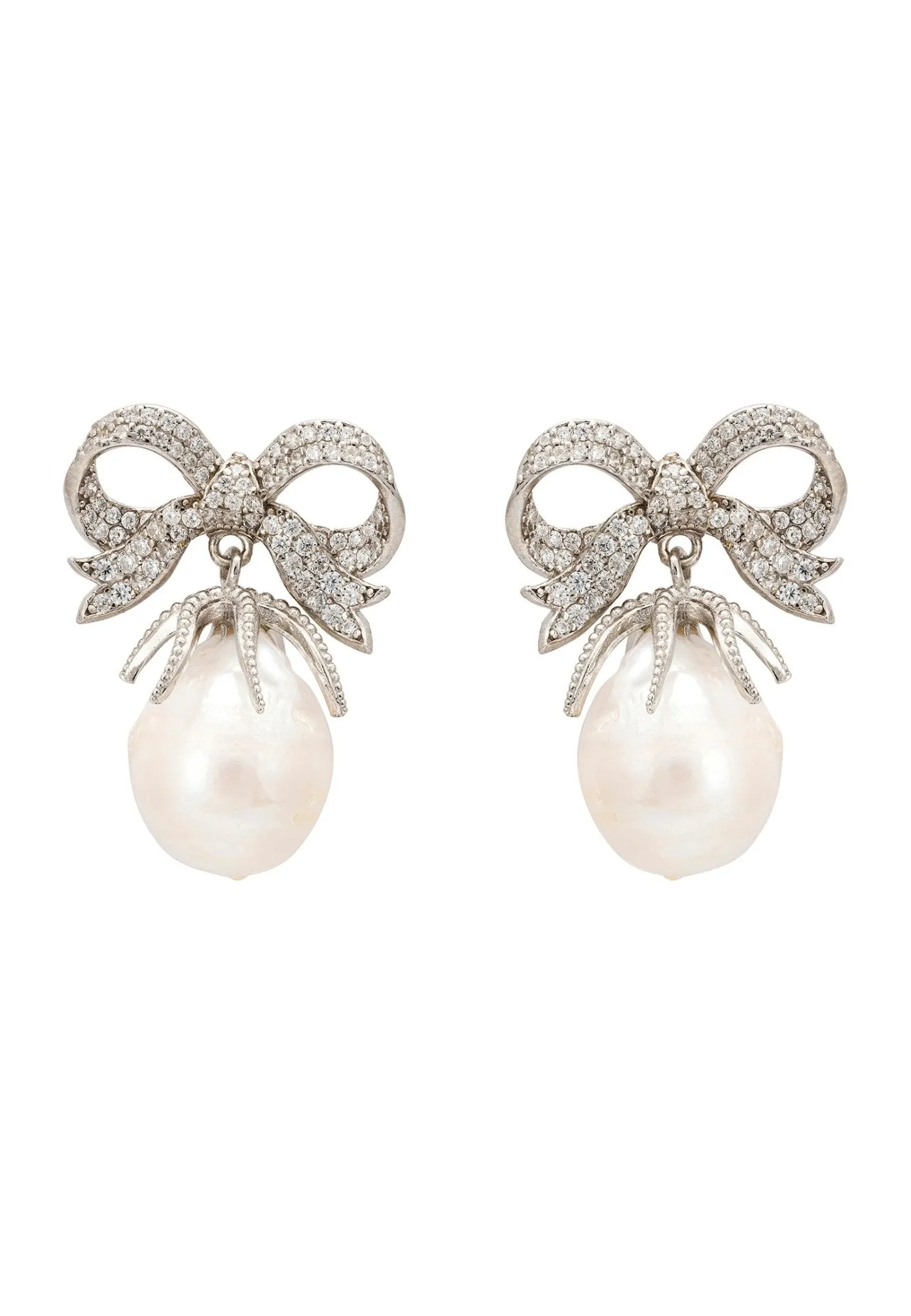 Baroque Pearl Ribbon And Bows Drop Earrings Silver