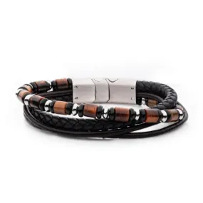 Black & Brown Leather with Black Onyx & Tiger's Eye Stone Bead Multi-Strand Bracelet