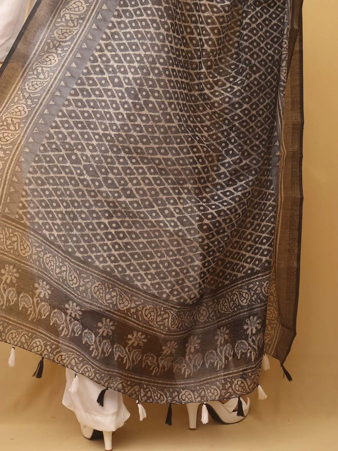 Black Block Printed Chanderi Silk Dupatta