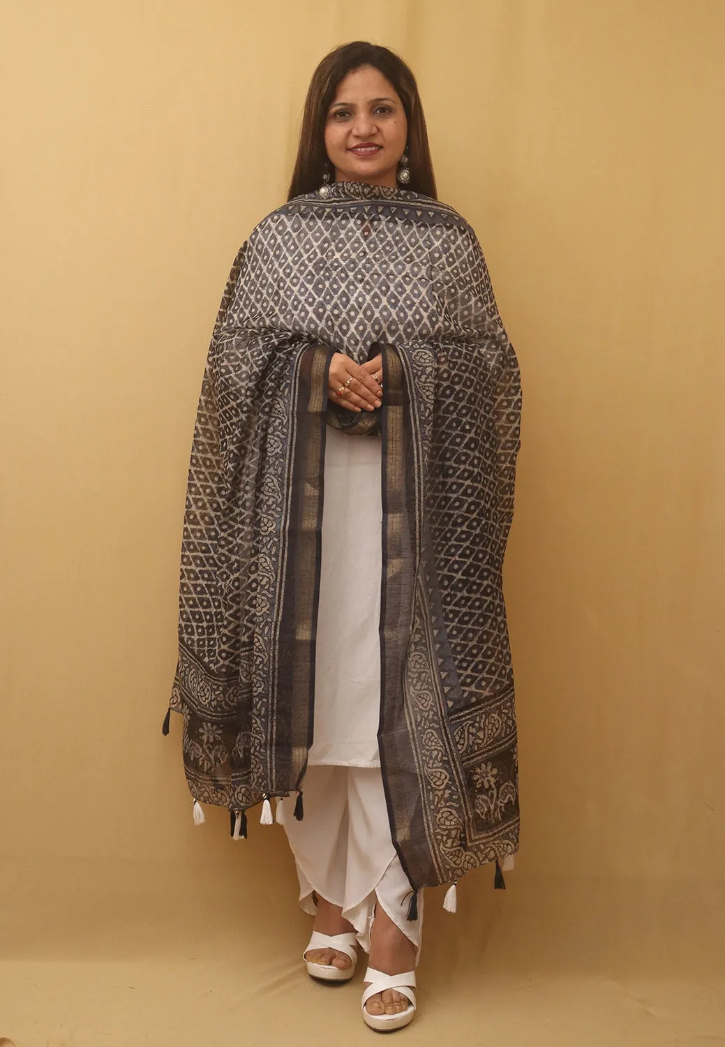 Black Block Printed Chanderi Silk Dupatta