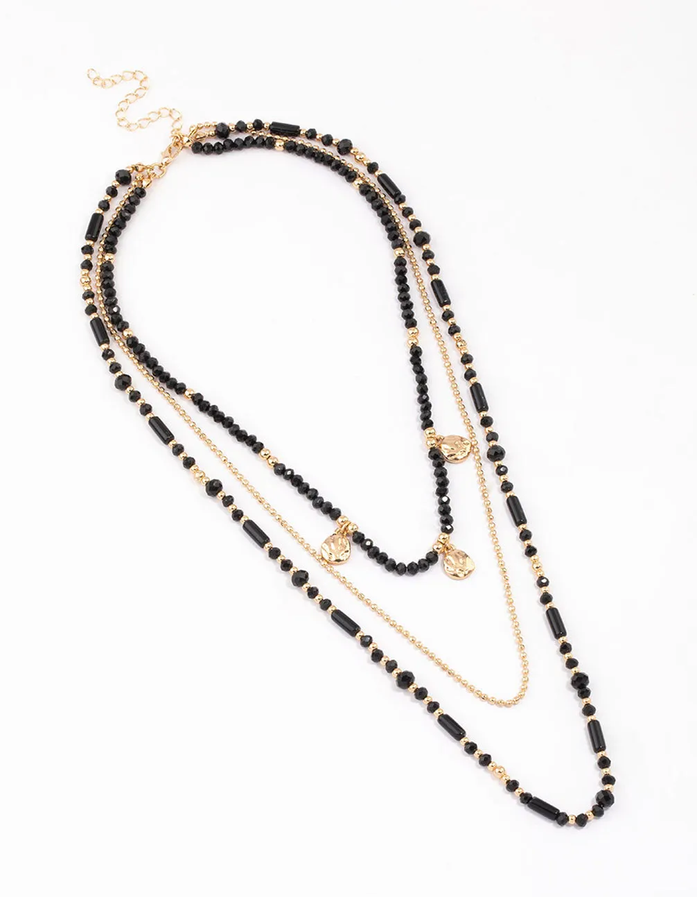 Black Mixed Bead Textured Disk Multi Row Necklace