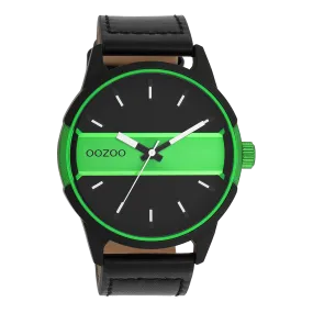 Black/fluo green OOZOO watch with black leather strap - C11234