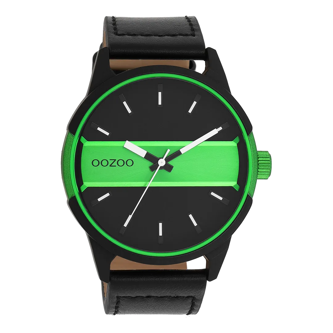 Black/fluo green OOZOO watch with black leather strap - C11234