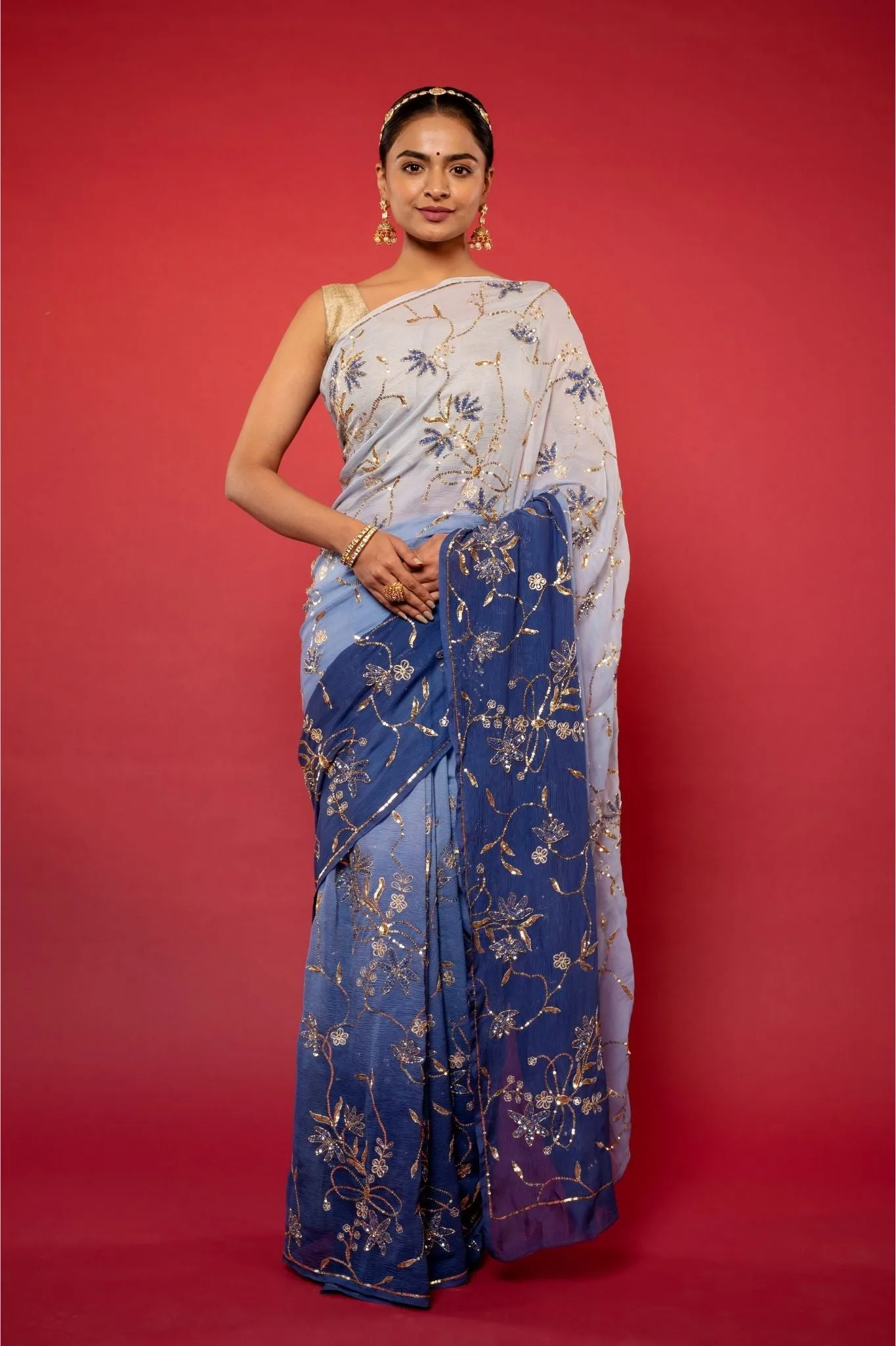 Blue Ombre Pure Chiffon Saree