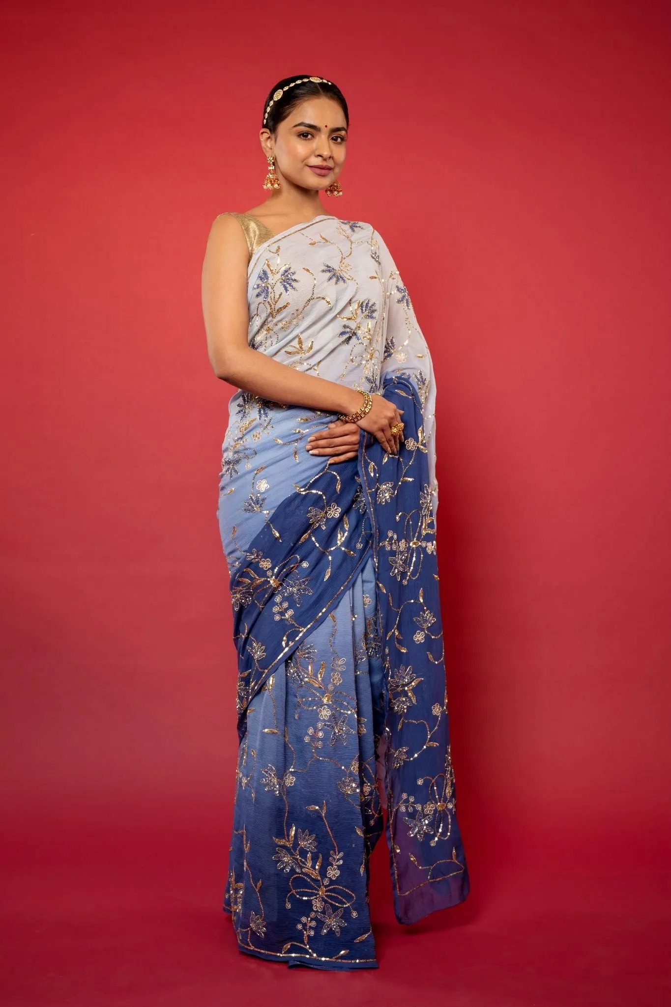 Blue Ombre Pure Chiffon Saree