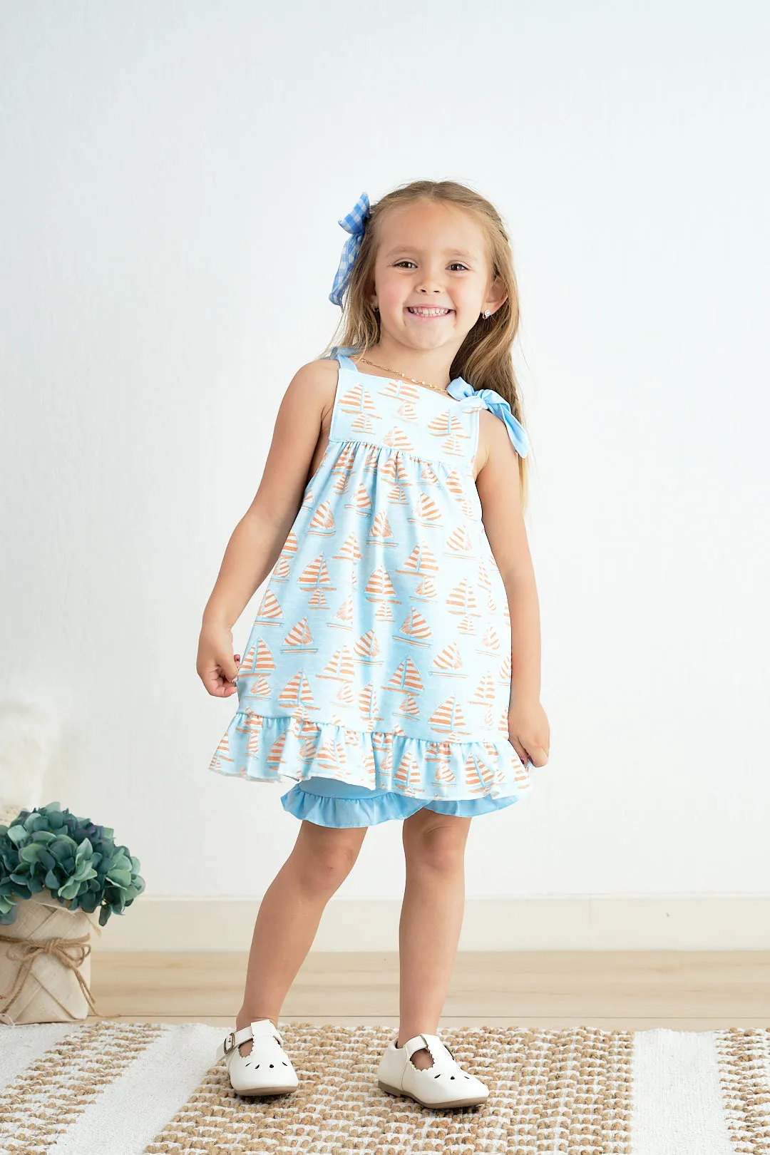 Blue sailboat print ruffle girl set