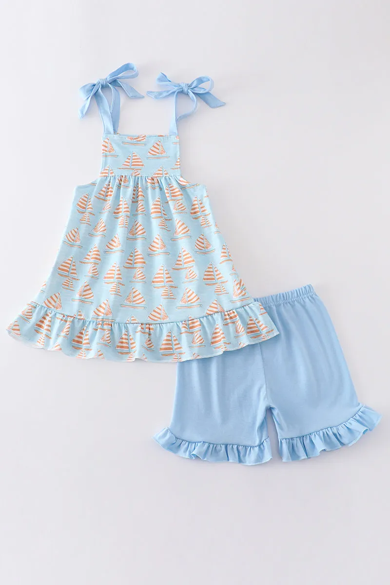 Blue sailboat print ruffle girl set