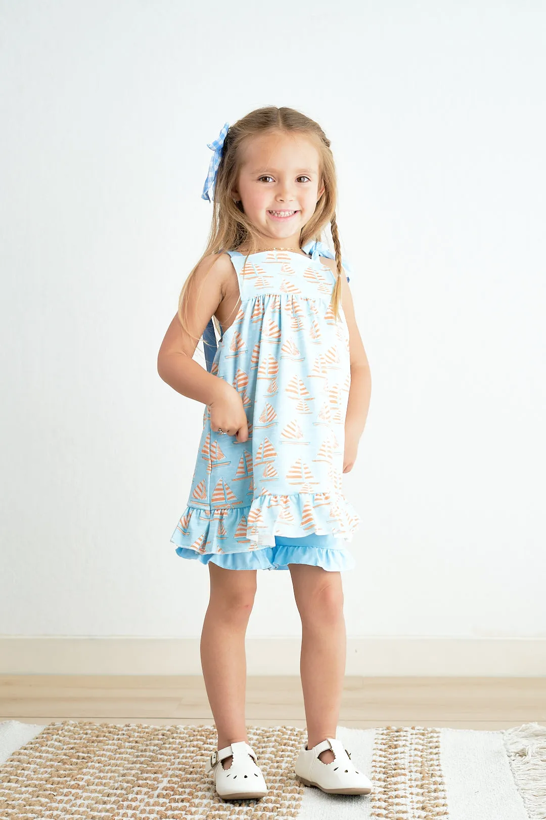 Blue sailboat print ruffle girl set