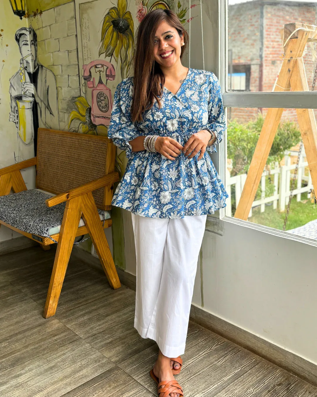 Blue White Cotton Peplum Top