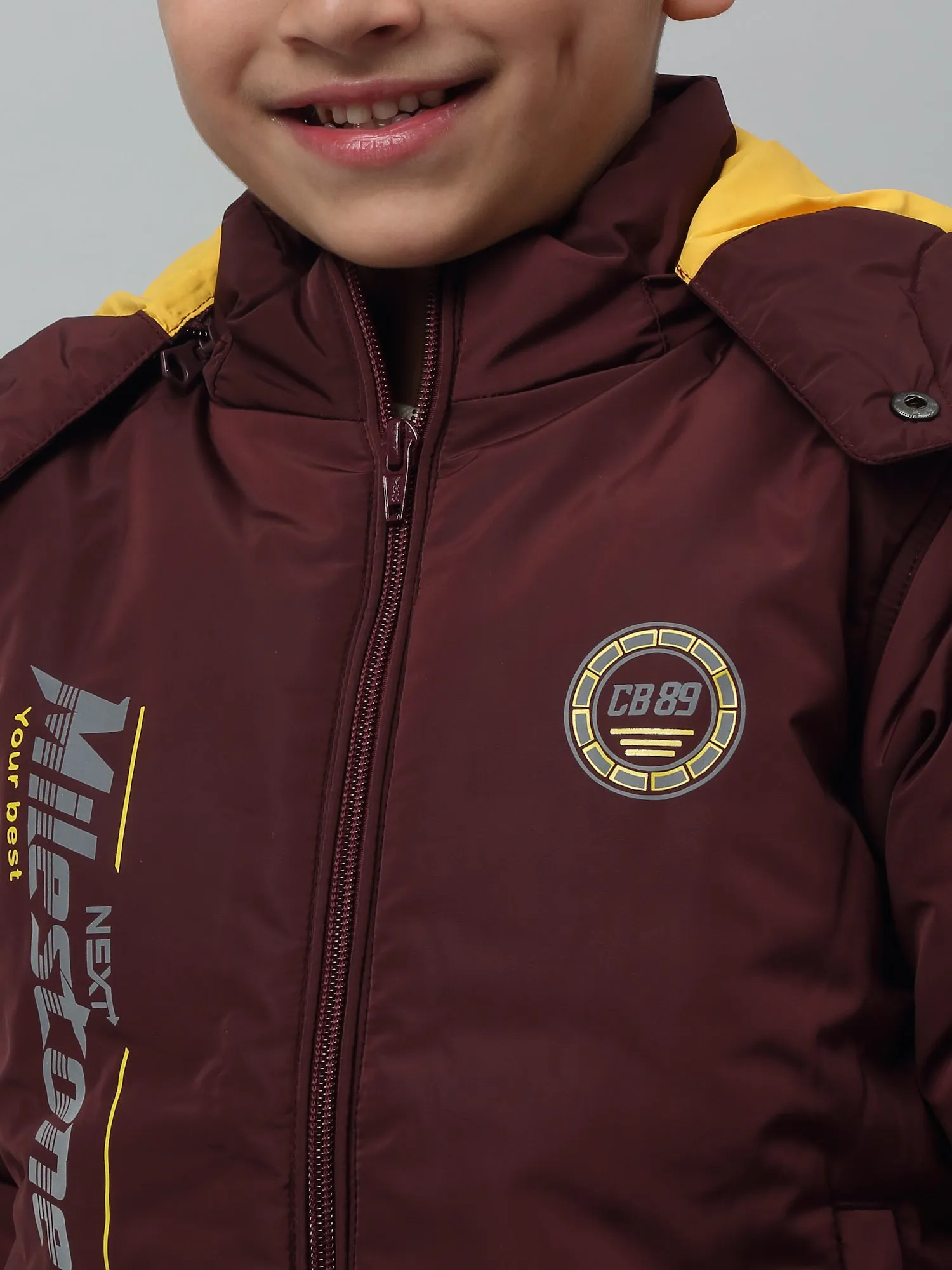 Boys Maroon Hooded Neck Solid Casual Jacket For Winter