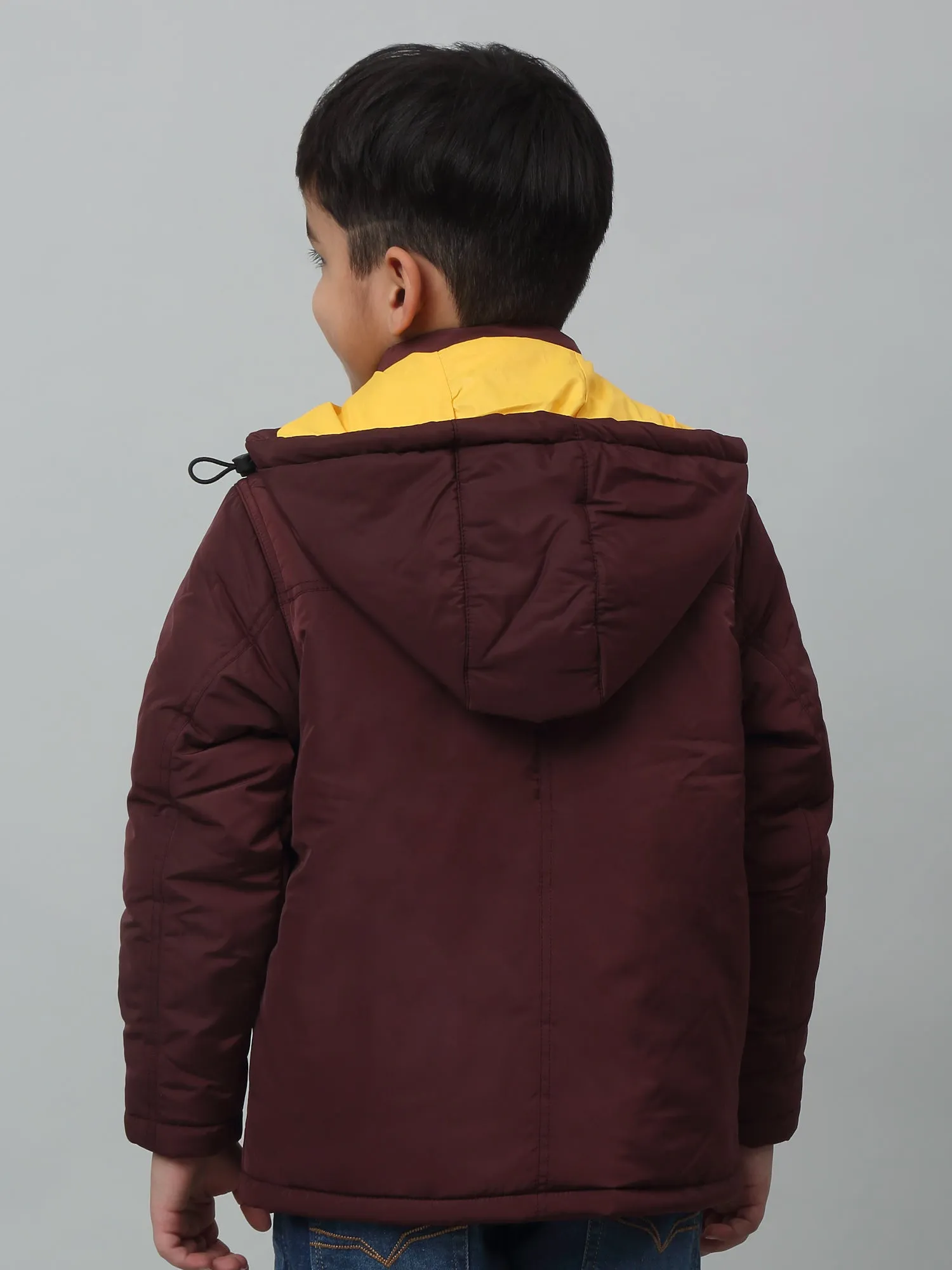 Boys Maroon Hooded Neck Solid Casual Jacket For Winter