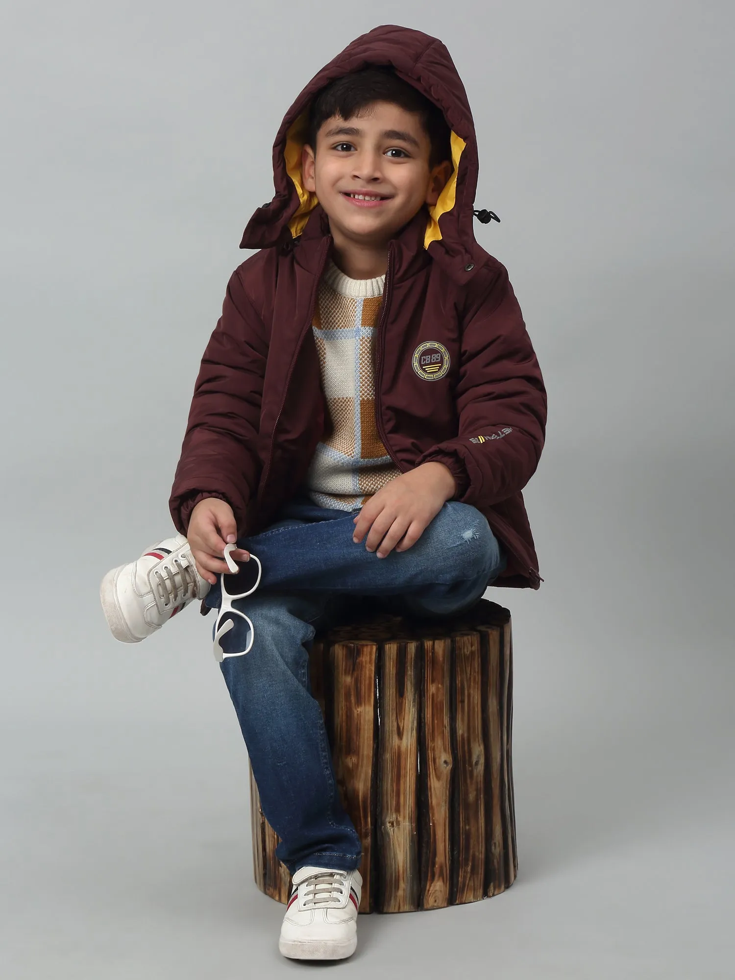 Boys Maroon Hooded Neck Solid Casual Jacket For Winter