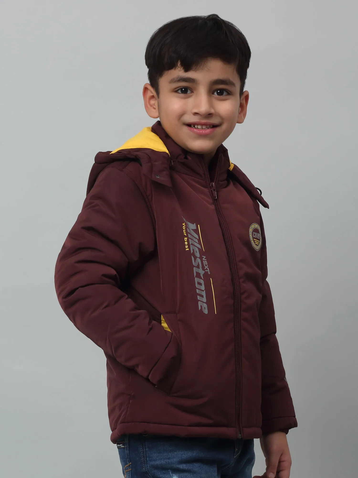 Boys Maroon Hooded Neck Solid Casual Jacket For Winter