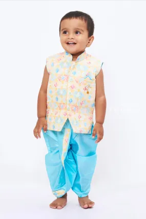 Boys Yellow Kurta with Blue Silk Dhoti Set - South Indian Traditional Elegance