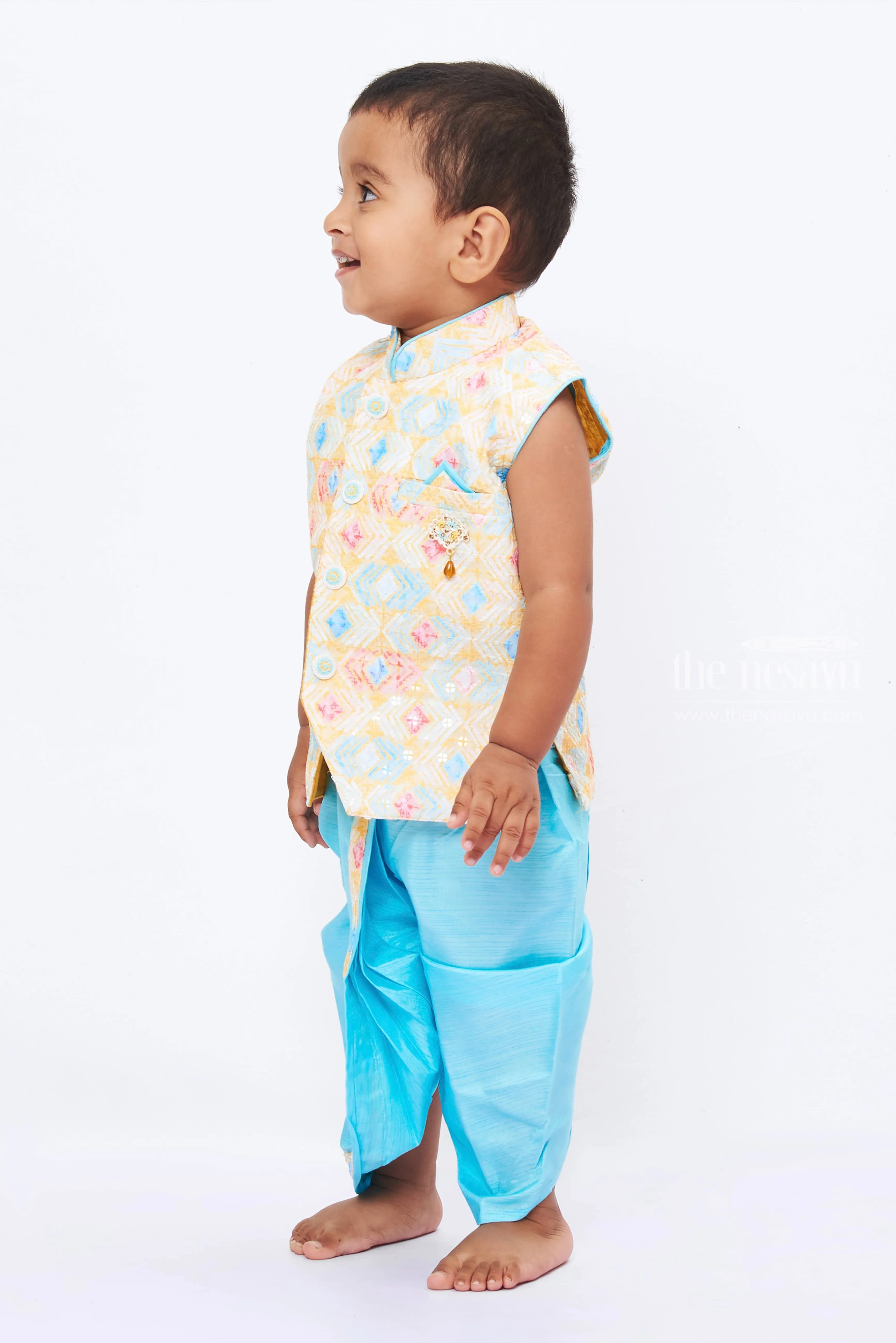 Boys Yellow Kurta with Blue Silk Dhoti Set - South Indian Traditional Elegance