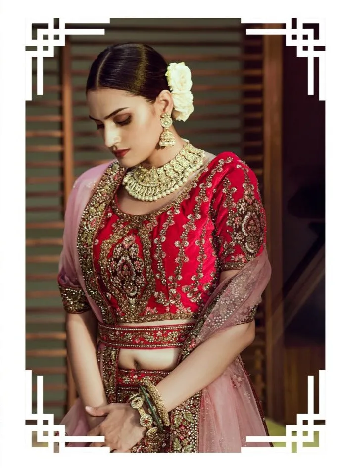 Carnation Red Embroidered Bridal Lehenga - Rent