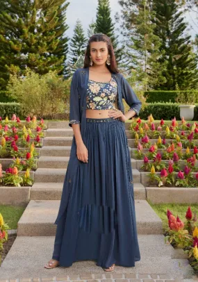 Classy Blue colored Embroidered Lehenga Set with jacket - Rent