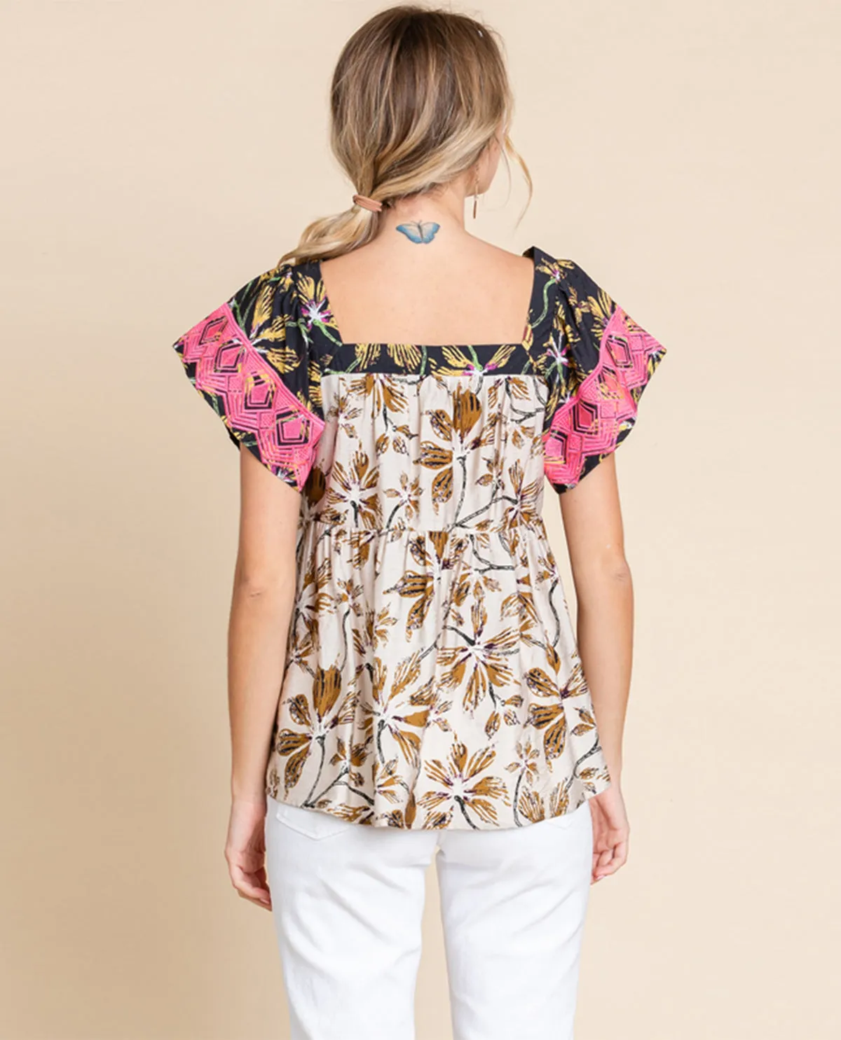 Contrast Print Babydoll Top