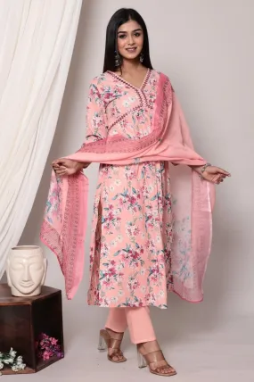 Elegant Floral Pink Kurta Set with Dupatta