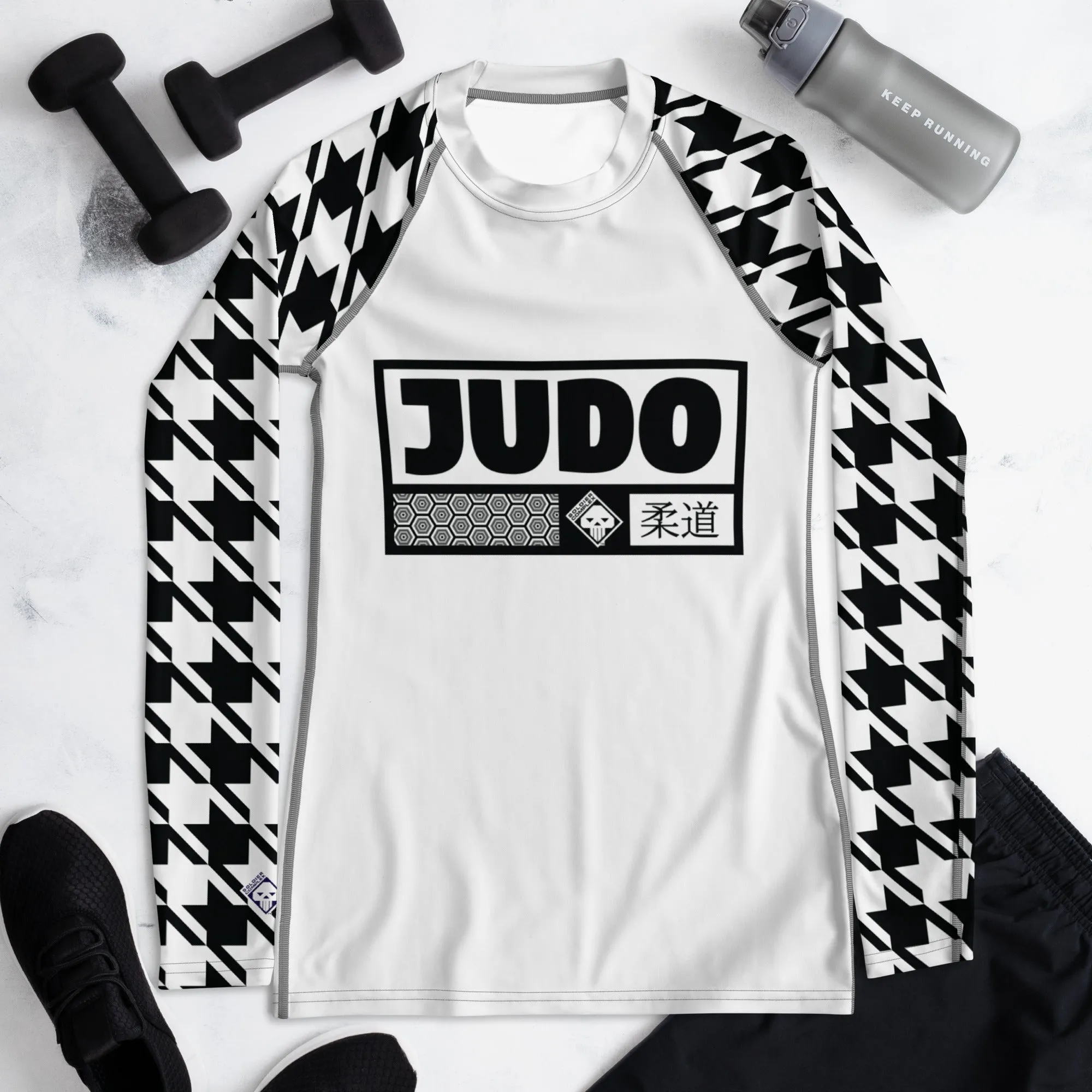 Elegant Performance: Women's Judo Houndstooth BJJ Rash Guard Blanc