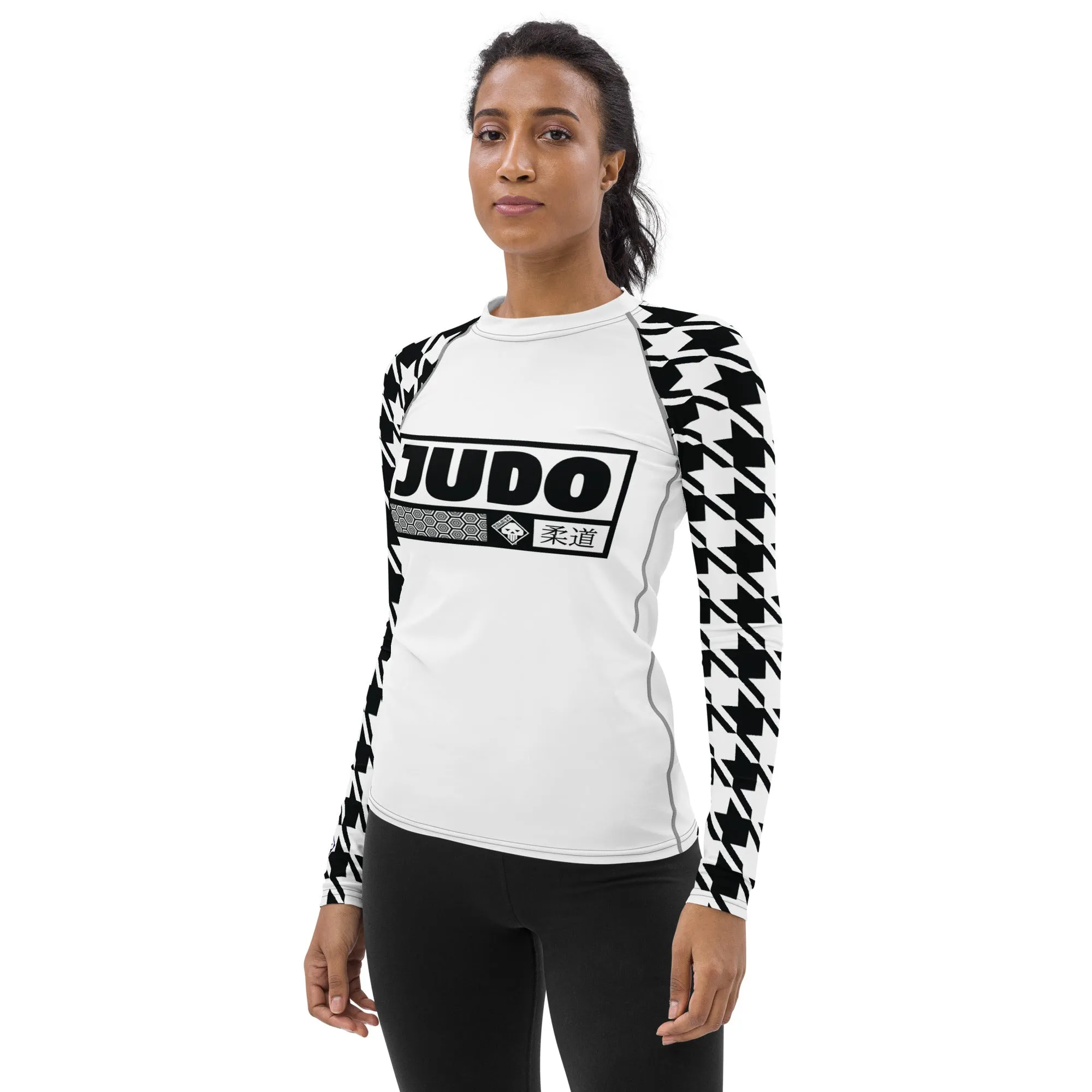 Elegant Performance: Women's Judo Houndstooth BJJ Rash Guard Blanc