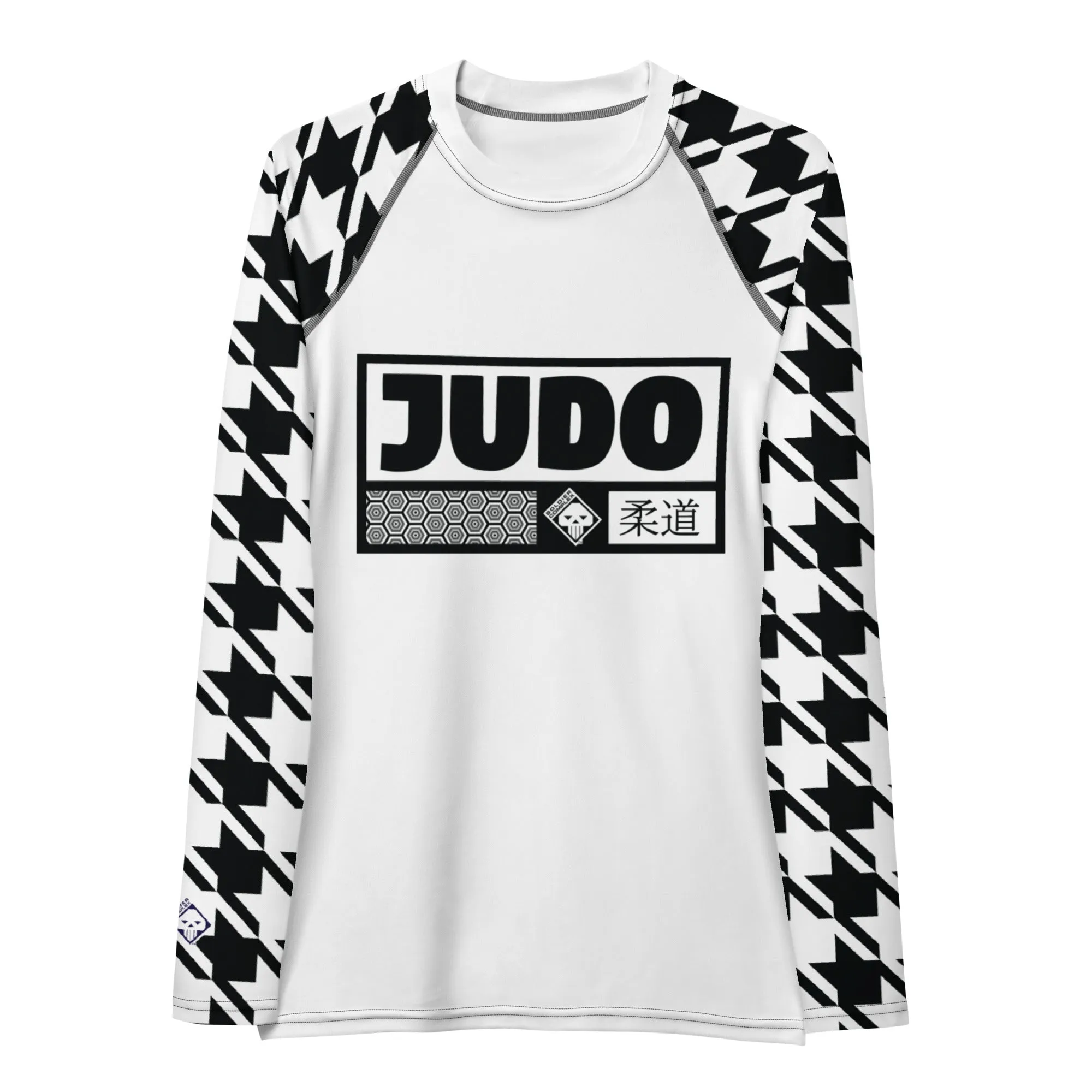 Elegant Performance: Women's Judo Houndstooth BJJ Rash Guard Blanc