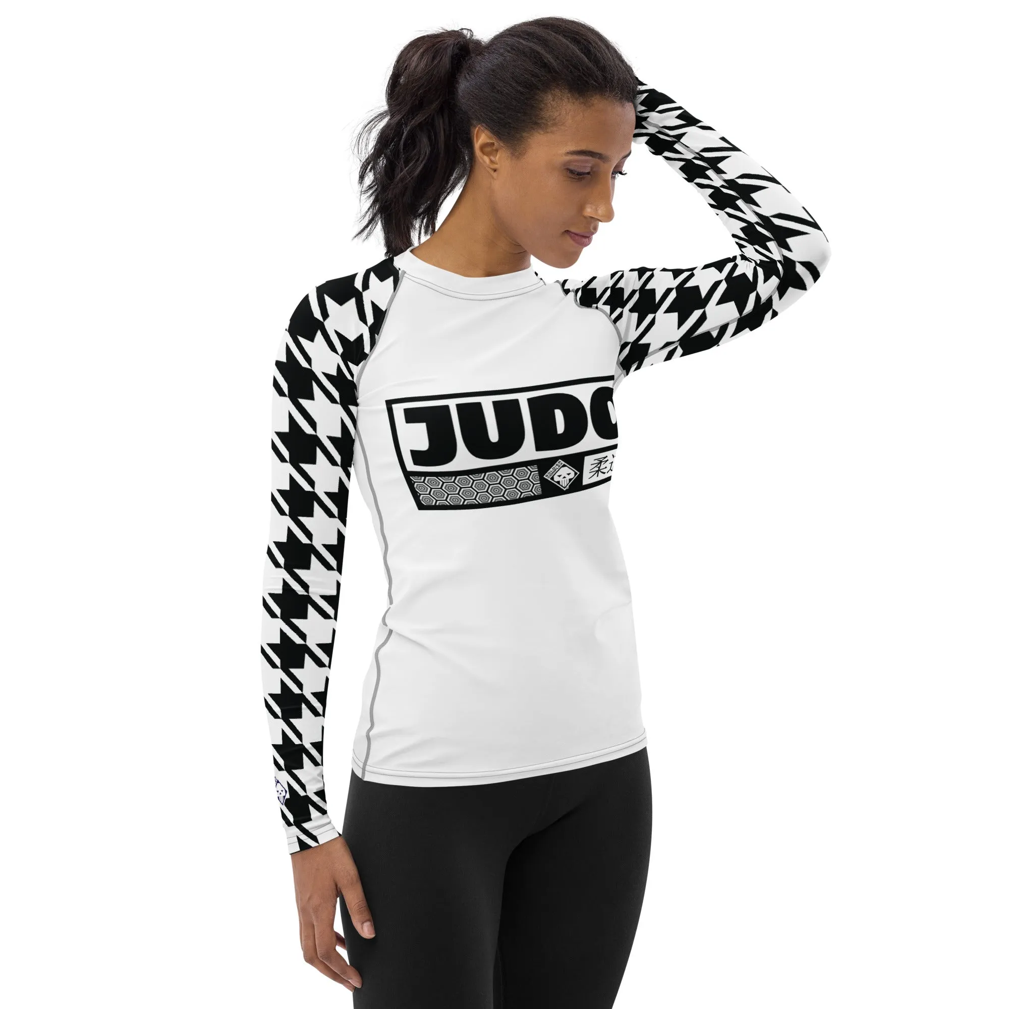 Elegant Performance: Women's Judo Houndstooth BJJ Rash Guard Blanc